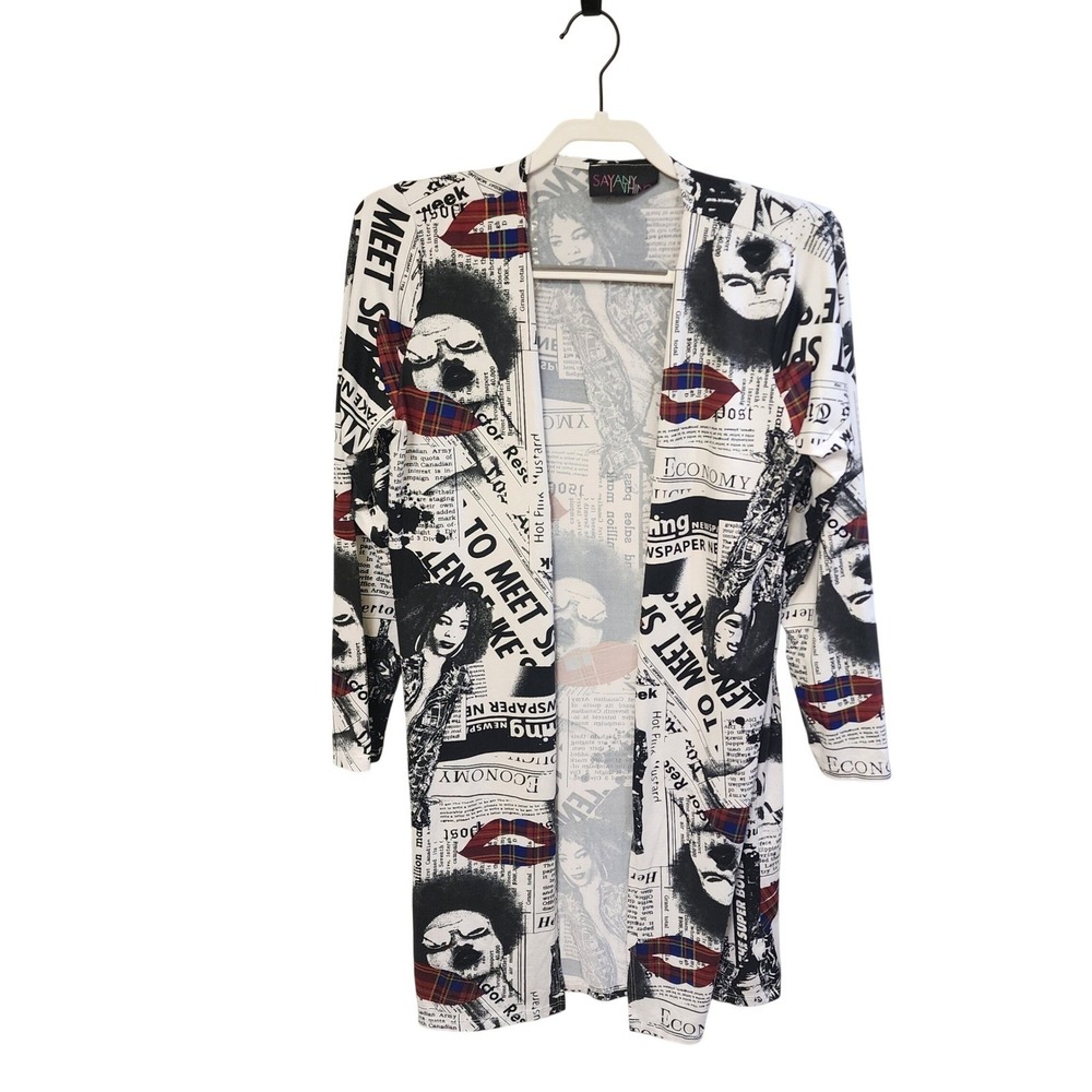 Say Anything Newspaper Print Cardigan Large Black White Plaid Lips SET476 USA